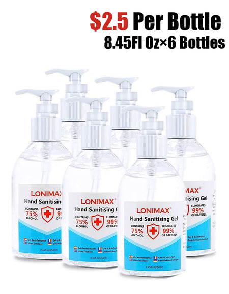 8.45 Fl Oz, Bottle of 6  Gel Hand Sanitizer with Aloe Vera Disinfectant Alcohol Liquid 75%