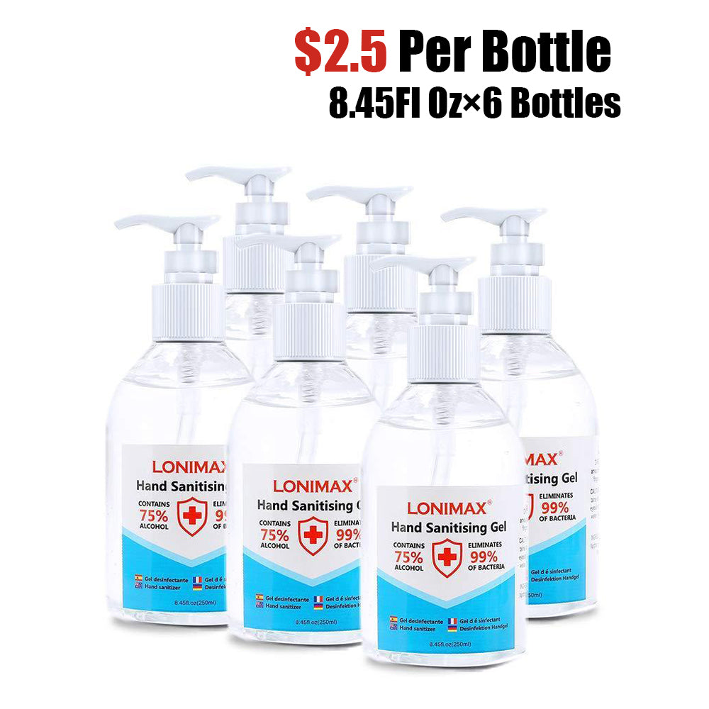 8.45 Fl Oz, Bottle of 6  Gel Hand Sanitizer with Aloe Vera Disinfectant Alcohol Liquid 75%